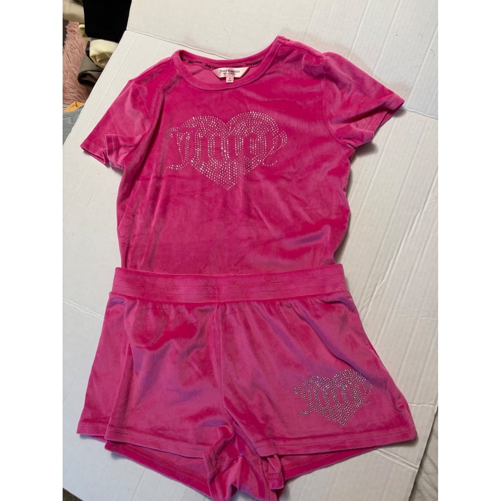 Juicy Couture Womens Hot Pink Velour Rhinestone Heart Pajama Lounge Set Small